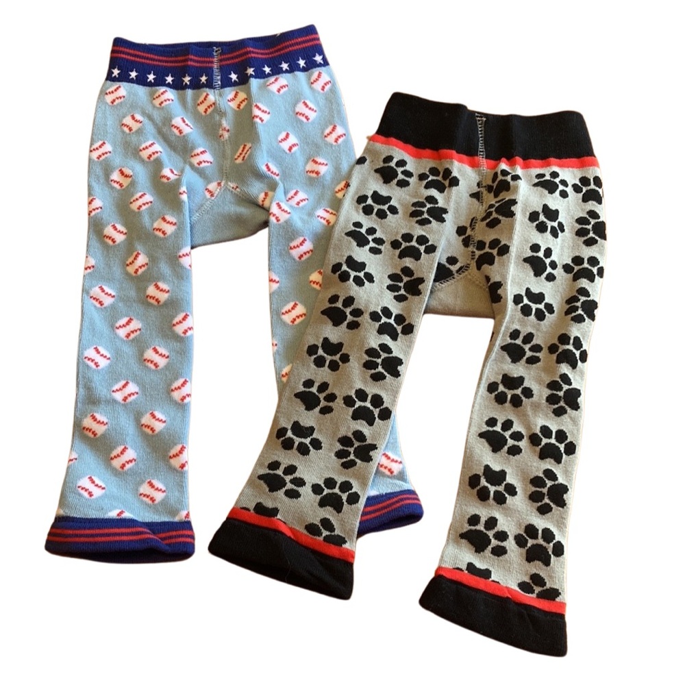 Huggalugs Kids Baby Size 6-12 Month Set of Two Knit Crawling Pants Dog Baseball